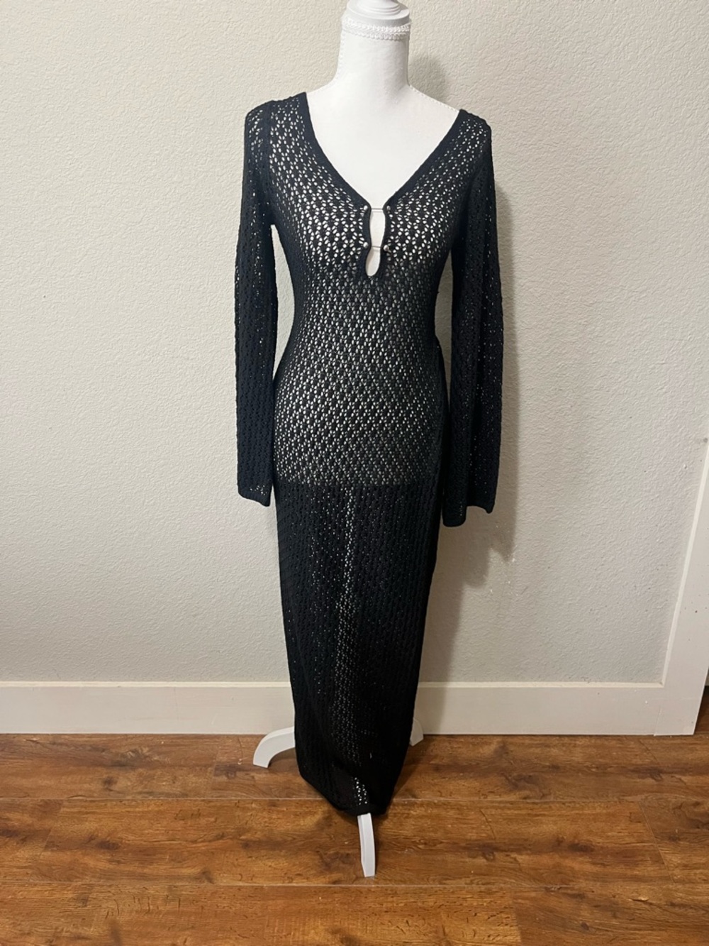 GuliriFei Black Sheer Crochet Maxi Dress with Keyhole Detail